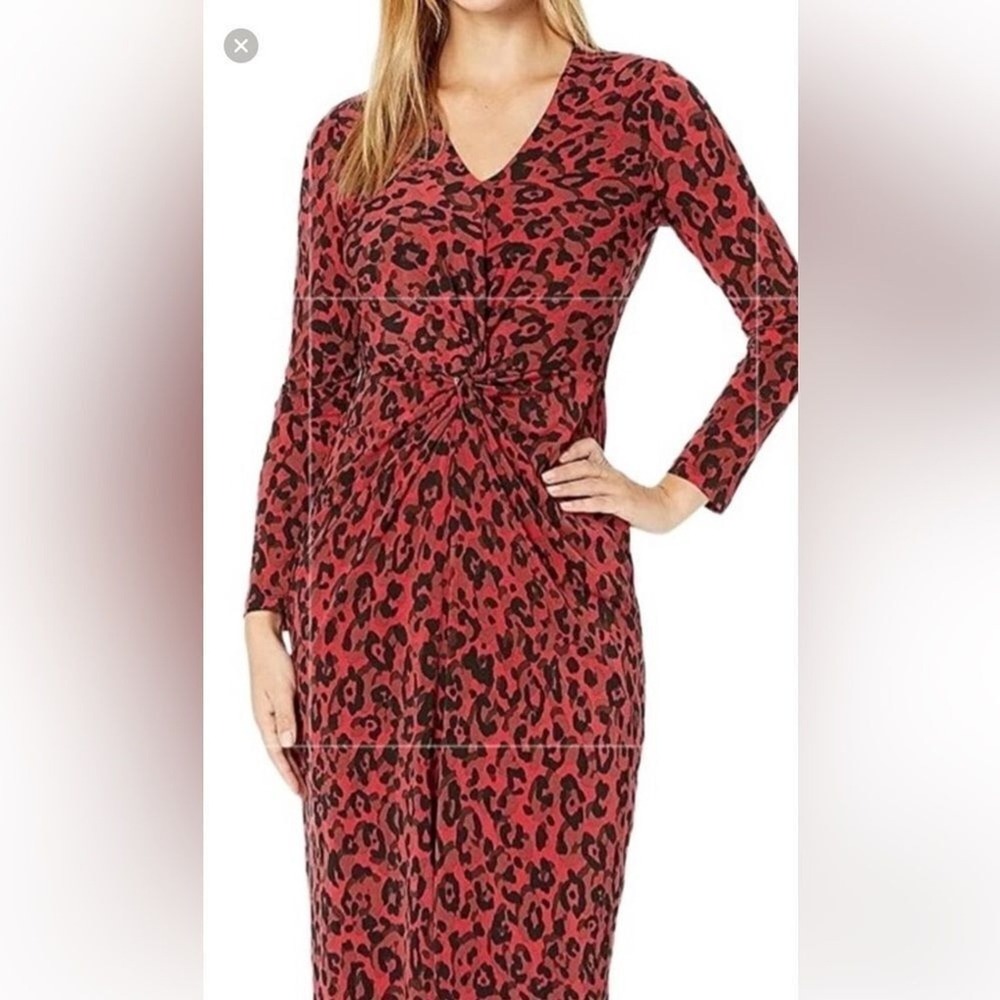 London Times sz 12P black &red leopard print long sleeve midi dress w front knot